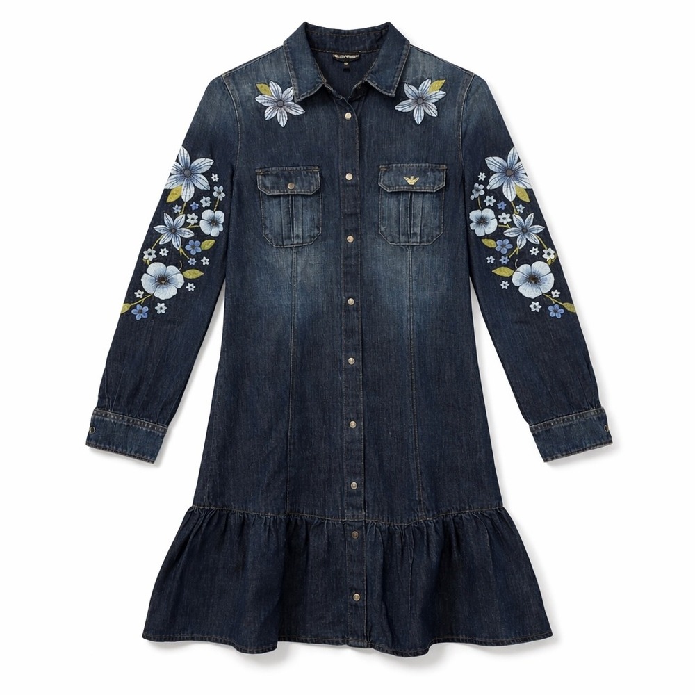Emporio Armani Embroidered Denim Shirt Dress Ruffle Hem Casual Chic Size 2‎